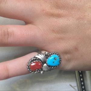 Genuine Turquoise, Coral and Sterling Silver Ring